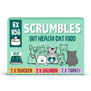 Scrumbles Gut Health Cat Food box featuring jelly flavor, with cartoon cats and text indicating 6x 85g, chicken, salmon, and turkey flavors.